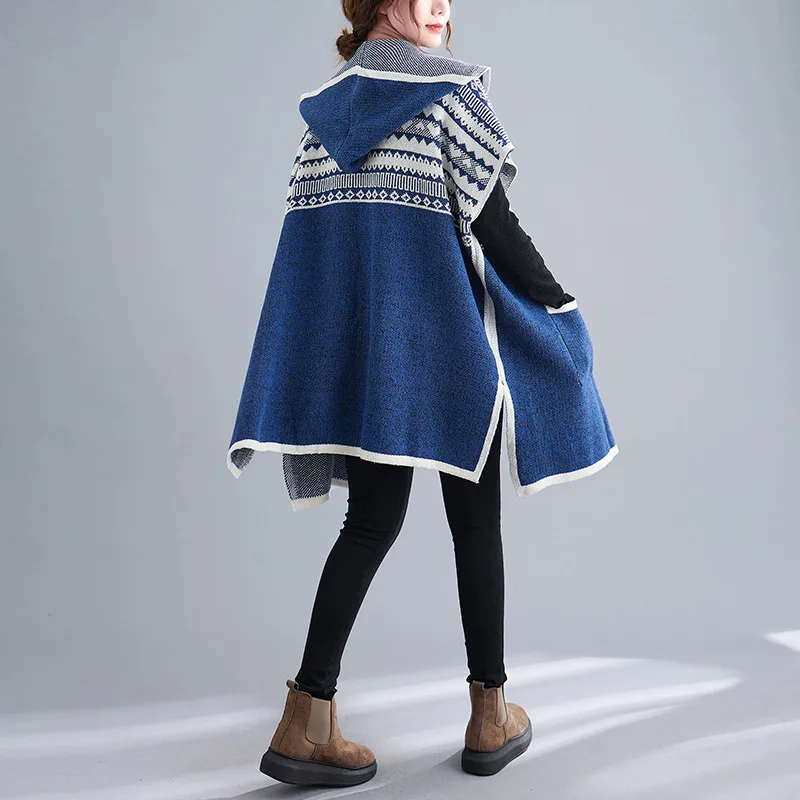 Plus Size Women's Cardigan Sweater Loose Hooded Blue - Shop at LoveMi