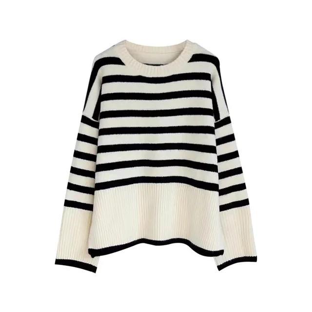 All matching Youthful looking Knitted French Lazy Style Striped Sweater Apricot Strip - Shop at LoveMi