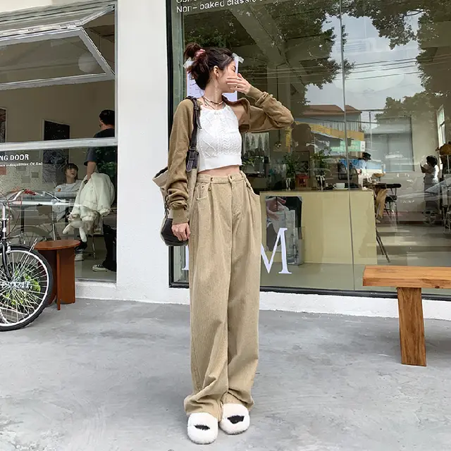 Chenille Corduroy Wide Leg Pants For Women Apricot Regular - Shop at LoveMi