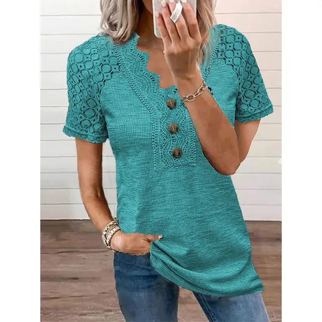 Casual Solid Color Lace V neck Patchwork Top T shirt With Short Sleeves Sky Blue - Shop at LoveMi