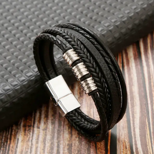 Stainless Steel Men's Leather Magnetic Buckle Woven Bracelet Black - Shop at LoveMi