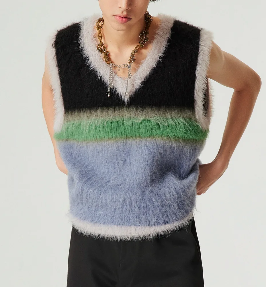Wool Blended Long Velvet Wool Contrast Color Striped Knitted V neck Vest Sweater Black - Shop at LoveMi
