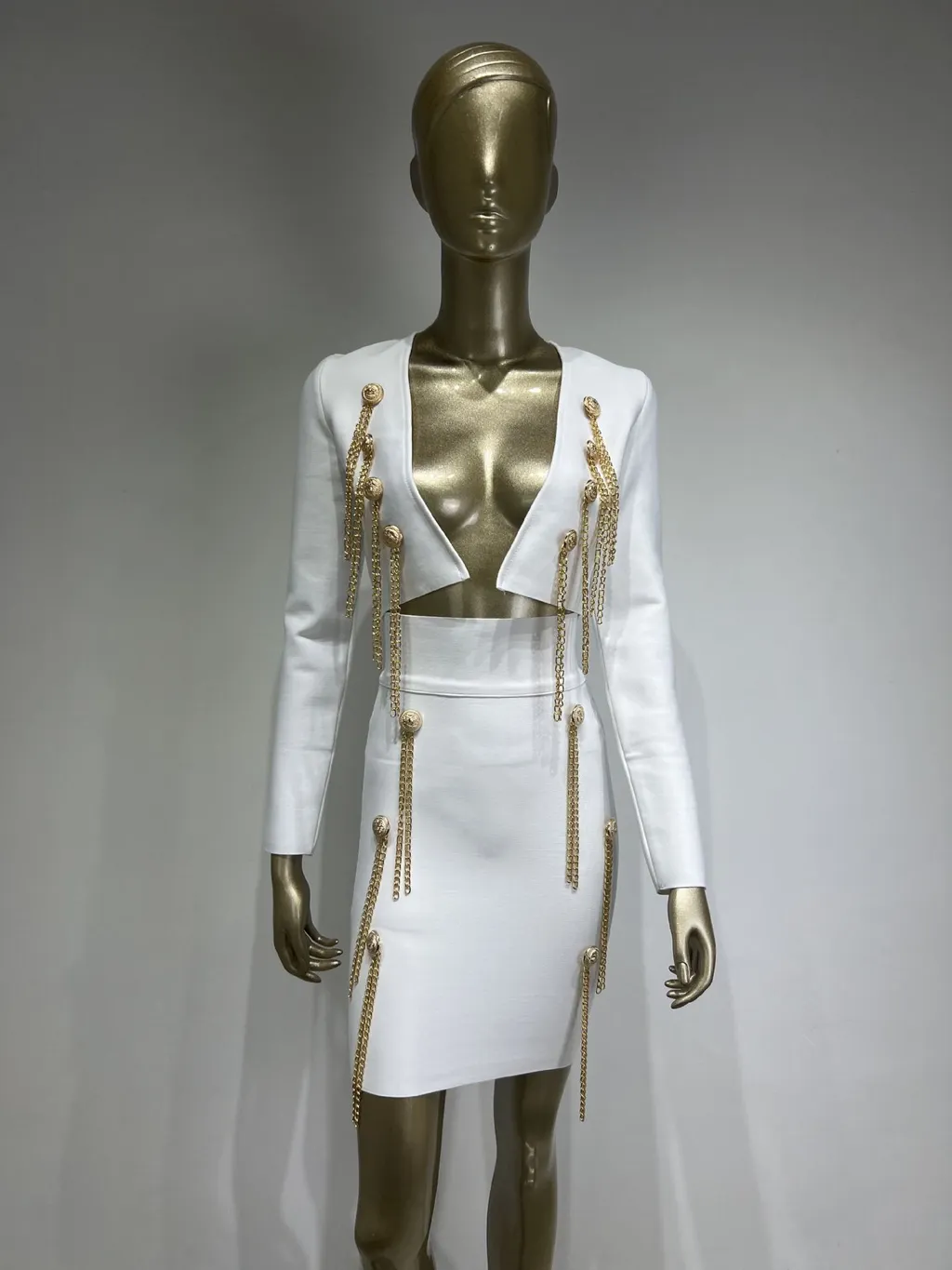 Bandage Suit Button Chain Long Sleeve Top Skirt - White
