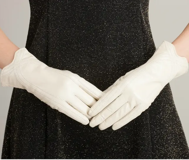 Women's Fashion Winter Warm Gloves Real Lamb Leather Handmade Curve Sheepskin Gloves Beige - Shop at LoveMi