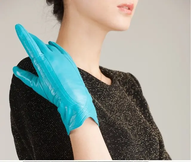 Women's Fashion Winter Warm Gloves Real Lamb Leather Handmade Curve Sheepskin Gloves Lake Blue - Shop at LoveMi