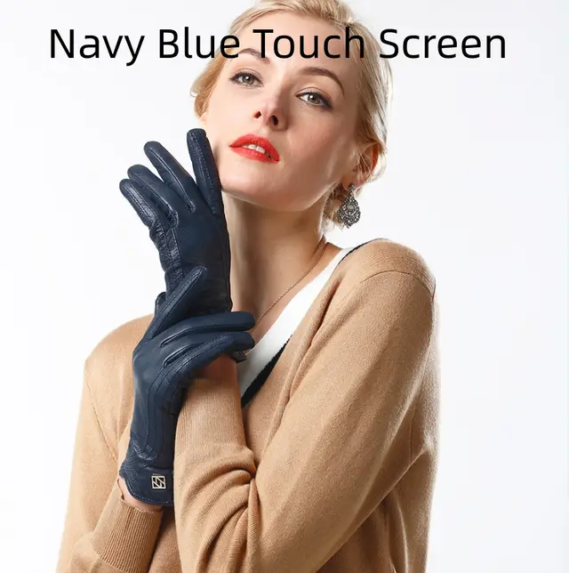 Women's Fashion Winter Warm Gloves Real Lamb Leather Handmade Curve Sheepskin Gloves Navy Blue Touch Screen - Shop at LoveMi