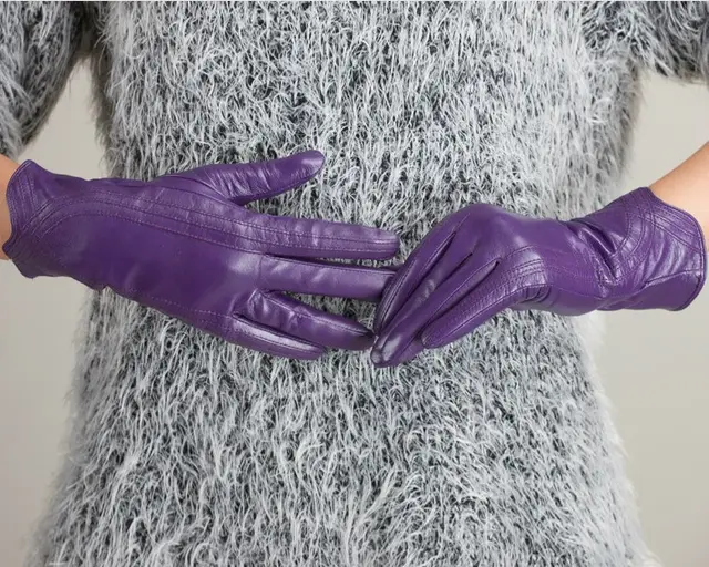 Women's Fashion Winter Warm Gloves Real Lamb Leather Handmade Curve Sheepskin Gloves Purple - Shop at LoveMi