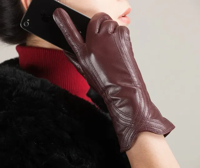 Women's Fashion Winter Warm Gloves Real Lamb Leather Handmade Curve Sheepskin Gloves Wine Red - Shop at LoveMi