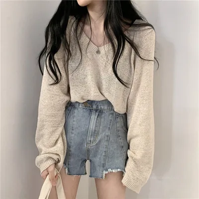 Knitted Design Loose And Lazy Style Long sleeved Sweater For Women Apricot - Shop at LoveMi