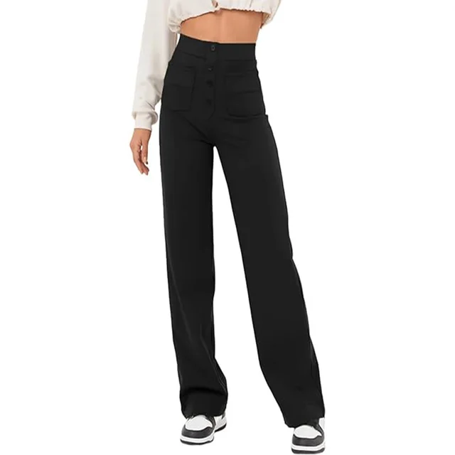 New Fall Women's Clothing High Waist Pocket Wide Leg Button Casual Baggy Straight Trousers Trousers Black - Shop at LoveMi