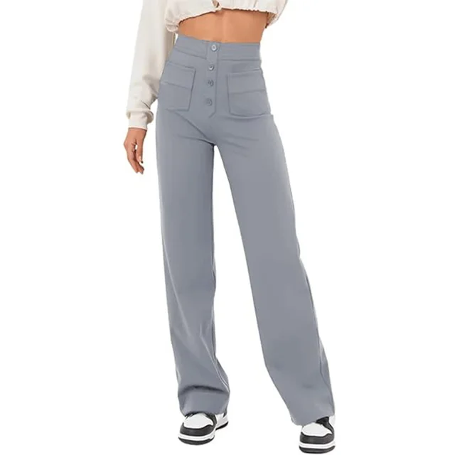 New Fall Women's Clothing High Waist Pocket Wide Leg Button Casual Baggy Straight Trousers Trousers Gray - Shop at LoveMi