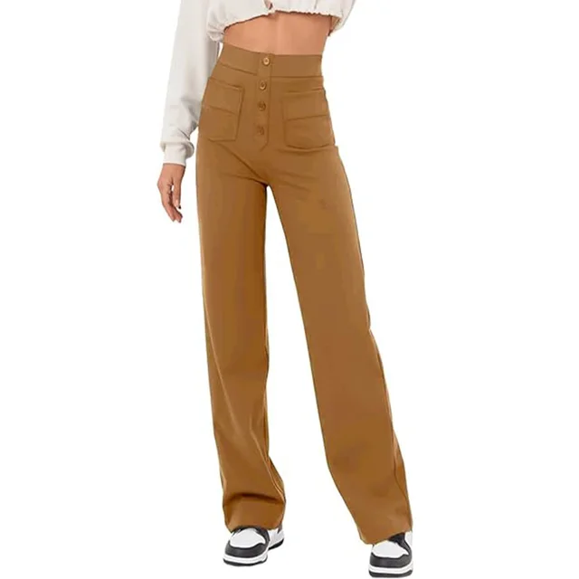 New Fall Women's Clothing High Waist Pocket Wide Leg Button Casual Baggy Straight Trousers Trousers Khaki - Shop at LoveMi