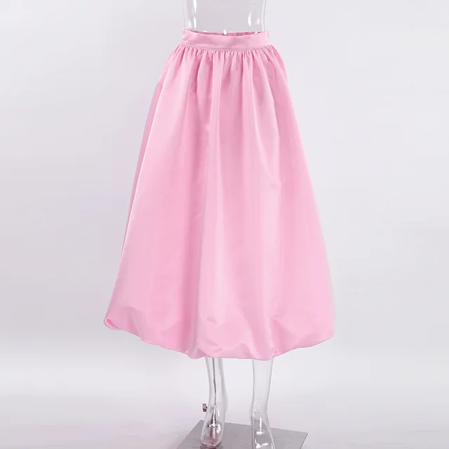 Niche Pettiskirt Temperament Commute French Lantern Dress High Waist Pure Color Midi Dress For Women Pink - Shop at LoveMi