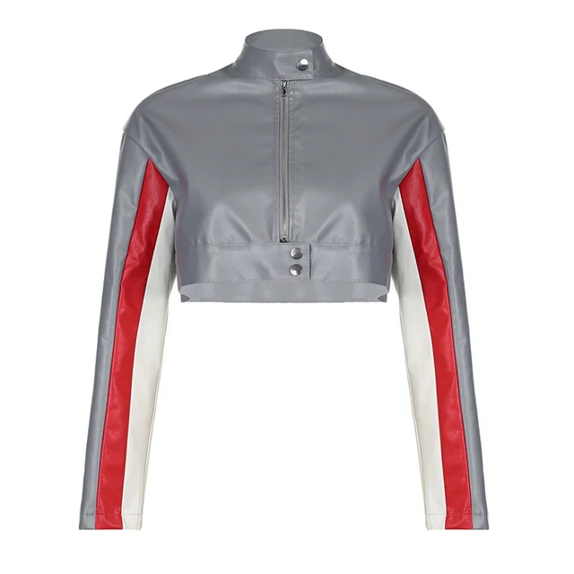 American Street Style Motorcycle Contrast Color Stand up Collar Jacket Gray Coat - Shop at LoveMi
