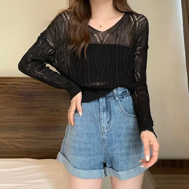 Women's V neck Pullover Long sleeved Hollow Sweater Black - Shop at LoveMi