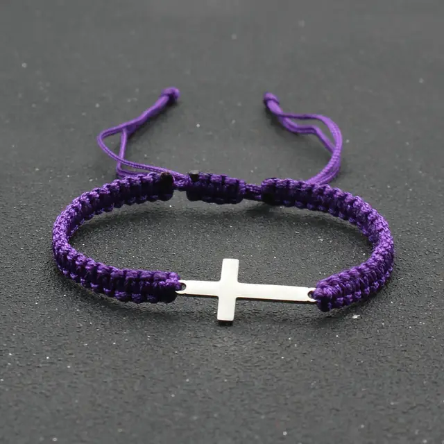 Stainless Steel Cross Shelf Hand woven Adjustable Rope Bracelet Purple - Shop at LoveMi