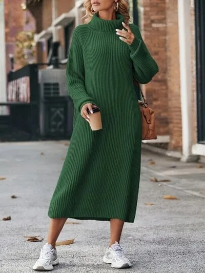 Winter Turtleneck Knitted Sweater Dress Fashion Solid Loose Pullover Long Dresses For Women Clothing Green - Shop at LoveMi