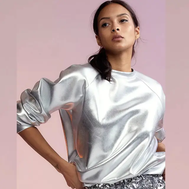 Round Neck Long Sleeve PU Leather European And American Top Leather Coat Silver - Shop at LoveMi