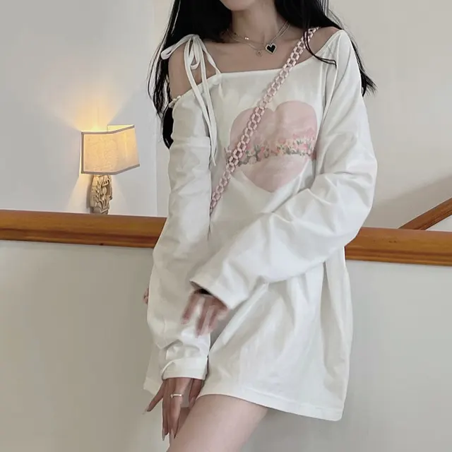Early Autumn Japanese Style Heart Printing Top Laid back Long Sleeve White - Shop at LoveMi