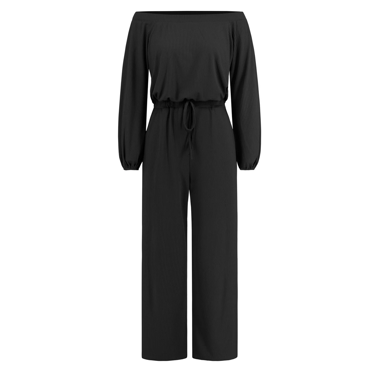 Casual Off-shoulder Long Sleeve Waist-slimming Jumpsuit Lace-up Wide-leg Trousers - Black