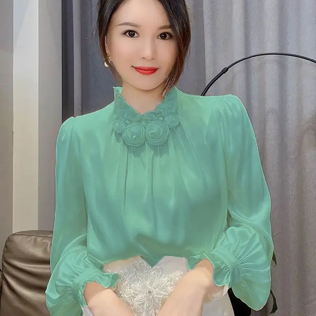 Flower Satin Design Versatile Casual Shirt Green - Shop at LoveMi