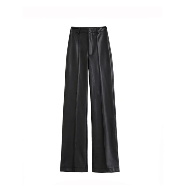 Women's Black Straight Waist Wide Leg Trawl Wild Cat Casual PU Pants Black - Shop at LoveMi