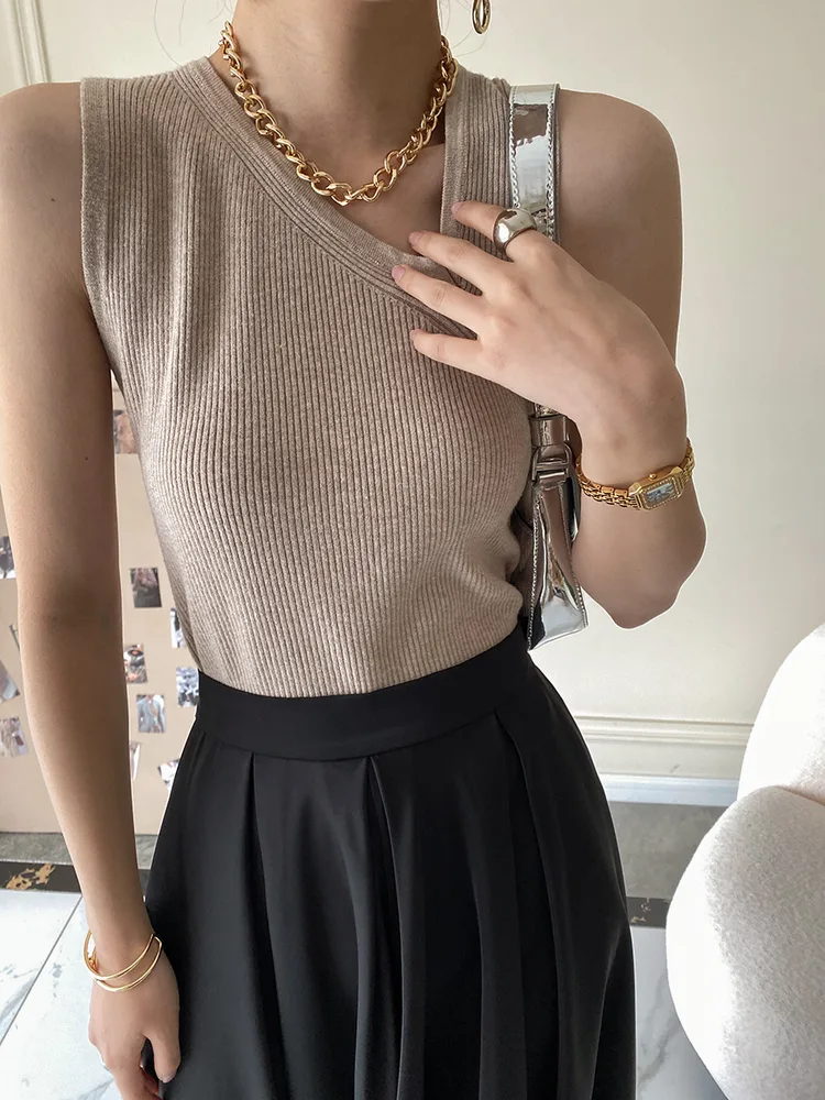 Diagonal Collar Slim Fit Bottoming Sleeveless Knitted Vest For Women Camel - Shop at LoveMi