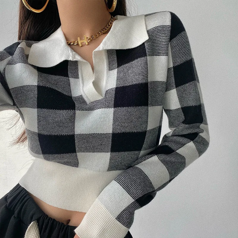 American Retro Plaid Slim Fit Short Sweater Black - Shop at LoveMi