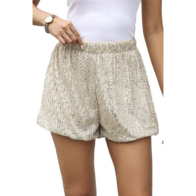 Sequined High Waist Straight Shorts Women Apricot - Shop at LoveMi