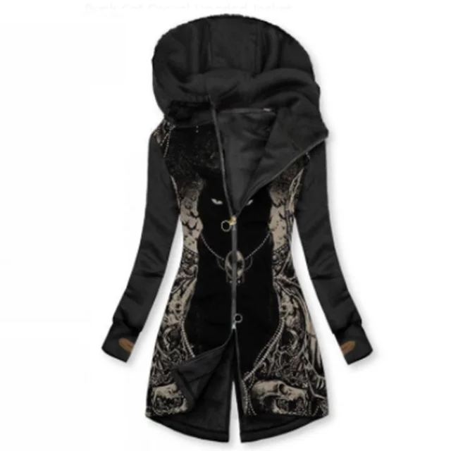 Printed Casual Loose Long Sleeve Hooded Jacket Black - Shop at LoveMi