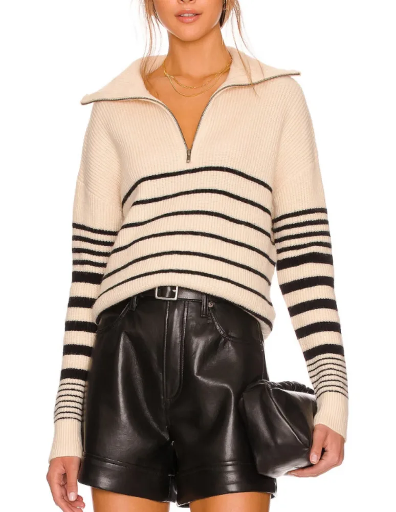 Striped Color Matching Long sleeve Women's Top Zipper Pullover White - Shop at LoveMi