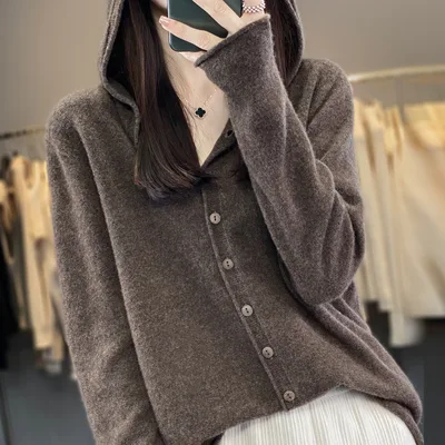 Pure Wool Sweater Women Cardigan Autumn And Winter Sweater Mocha - Shop at LoveMi