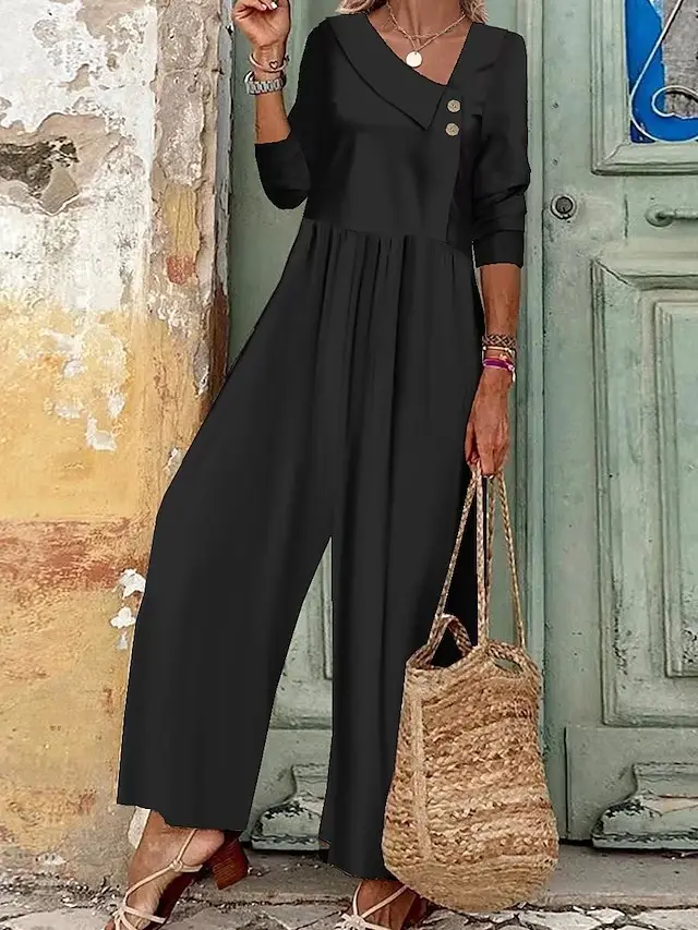 Women's Button Up Jumpsuit With Solid V neck Black - Shop at LoveMi