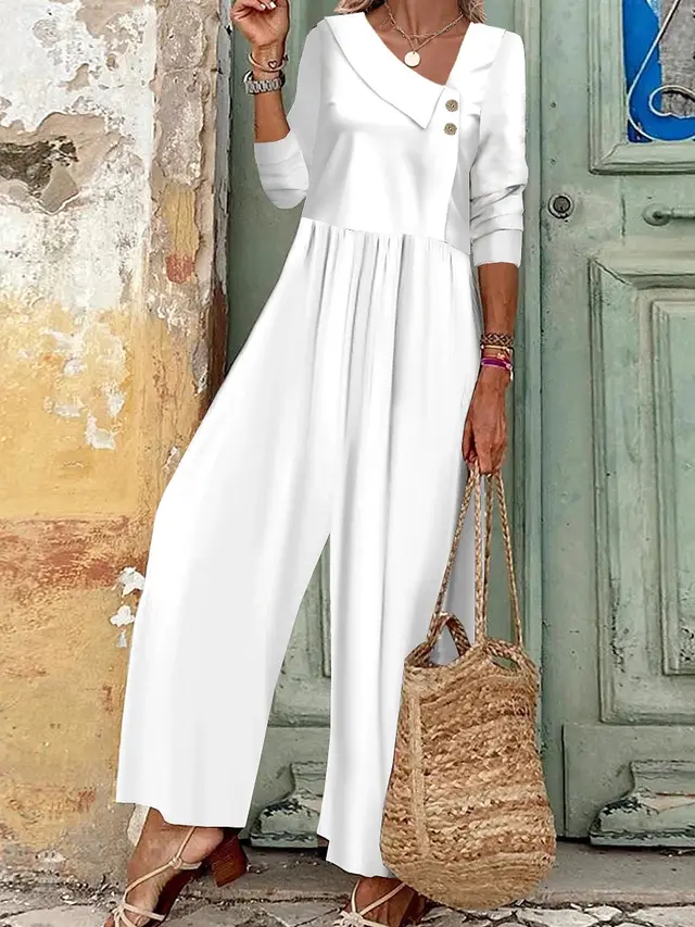 Women's Button Up Jumpsuit With Solid V neck White - Shop at LoveMi