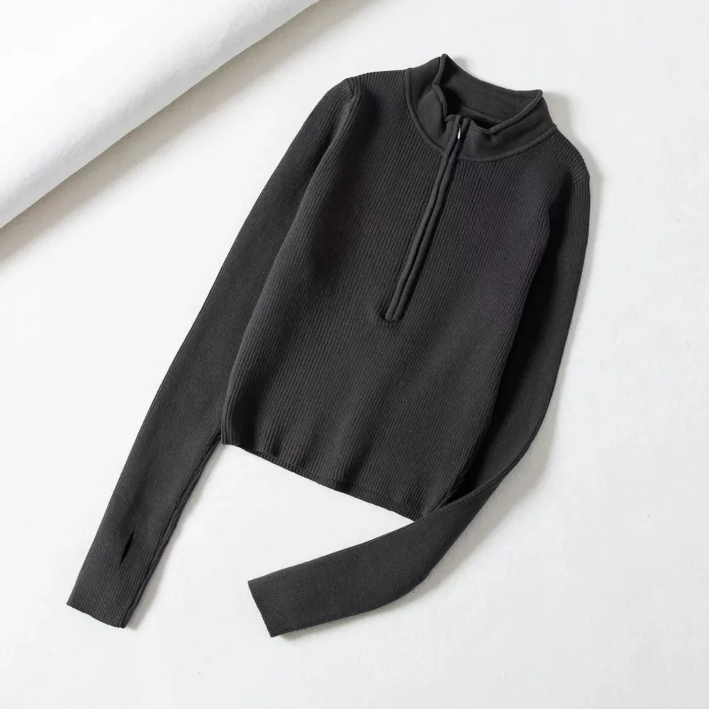 Half Zipped Stand Collar Midriff Outfit Skinny Knit Top Dark Gray - Shop at LoveMi