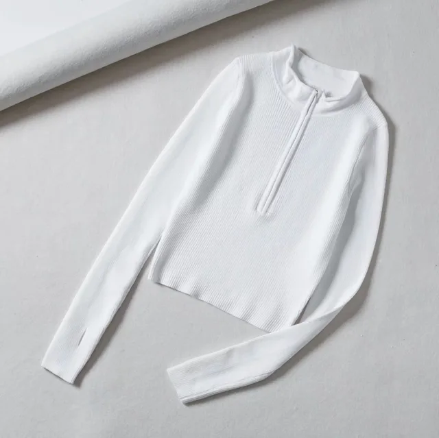 Half Zipped Stand Collar Midriff Outfit Skinny Knit Top White - Shop at LoveMi