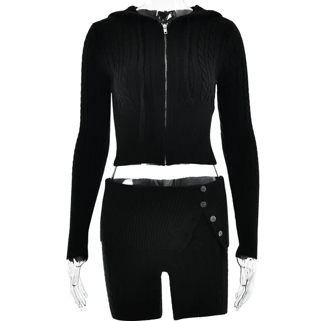 Sweater Knitted Hooded Top Shorts Long Sleeve Two piece Set Black - Shop at LoveMi