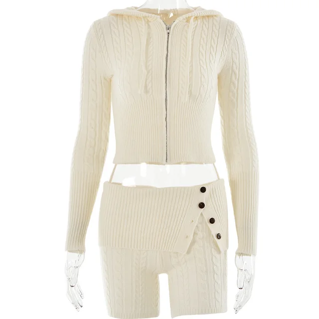 Sweater Knitted Hooded Top Shorts Long Sleeve Two piece Set Creamy White - Shop at LoveMi