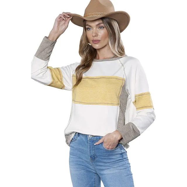 Color Contrast Long Sleeve T shirt Women's Casual Loose Striped Patchwork Round Neck Pullover White - Shop at LoveMi