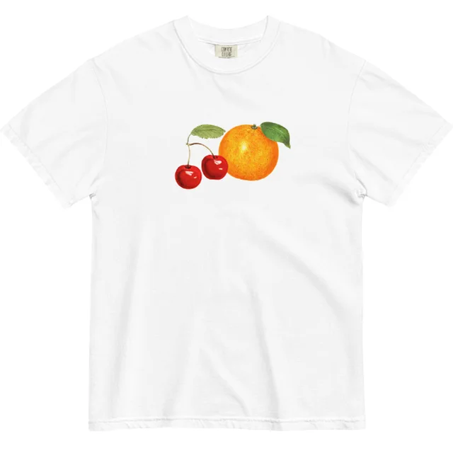 European And American Cherry Orange Digital Printing Casual Round Neck T shirt White - Shop at LoveMi