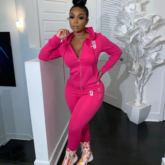 Hooded Casual Sports Sweater Suit Two piece Set Pink - Shop at LoveMi