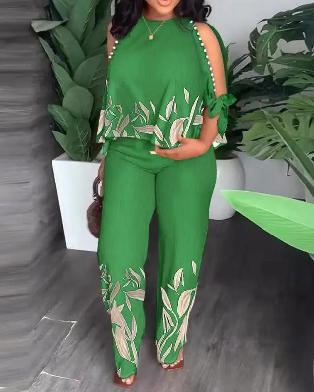 Round Neck Raglan Half Sleeve Beaded Positioning Printed Trousers Suit Green - Shop at LoveMi