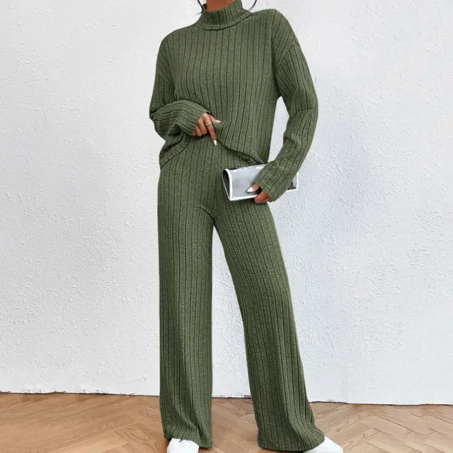 Autumn And Winter Leisure Turtleneck Knitting Long sleeve Suit Women's Sweater Loose Trousers Two piece Set Army Green - Shop at LoveMi