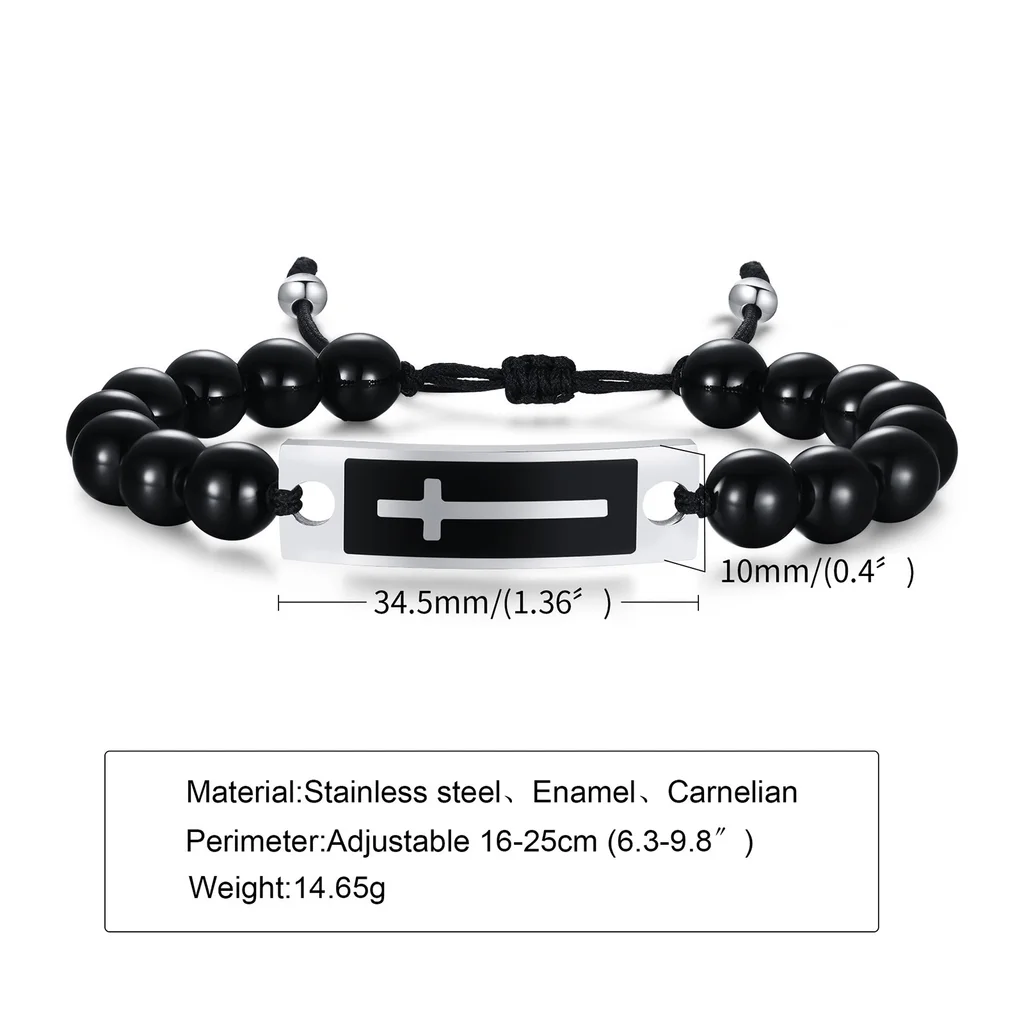 Bracelet Stainless Steel Curved Cross Black Agate Tigereye Beaded Weave Bracelet - 1047S1