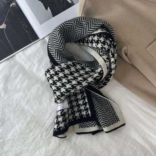 Houndstooth And Wave Pattern Print Scarf Women's Winter Korean Style Fashion Versatile Knitted Double sided Warm Woolen Scarf Black - Shop at LoveMi