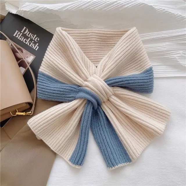 Sweet Color blocked Knitted Scarf For Women Autumn And Winter Warm Versatile Fashion Scarf For Girls Blue - Shop at LoveMi