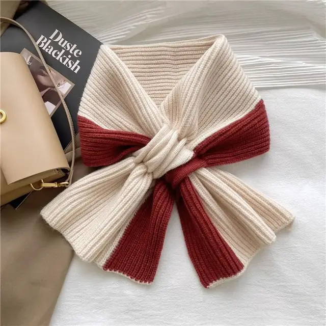 Sweet Color blocked Knitted Scarf For Women Autumn And Winter Warm Versatile Fashion Scarf For Girls Wine Red - Shop at LoveMi