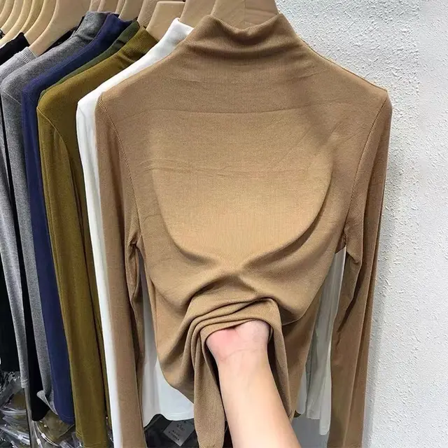 Half Turtleneck Bottoming Shirt Women's Inner Threaded Long Sleeve Cotton Top Khaki - Shop at LoveMi