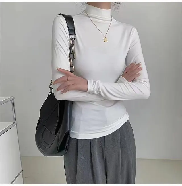 Half Turtleneck Bottoming Shirt Women's Inner Threaded Long Sleeve Cotton Top White - Shop at LoveMi