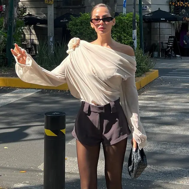 Shoulder Chiffon Slim Top For Women Apricot - Shop at LoveMi